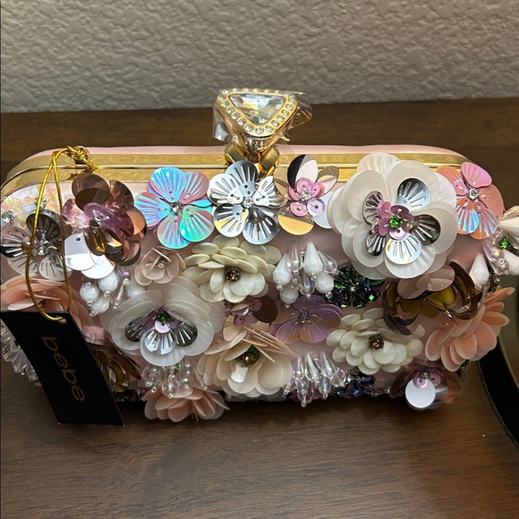 New Bebe Floral Embellished Clutch - Pink and White - Picture 5 of 12